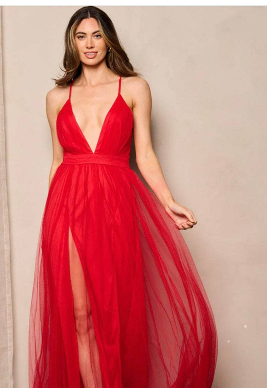 WOMEN'S RED SLEEVELESS V-NECK OPEN BACK DRESS - SIDE SLITS