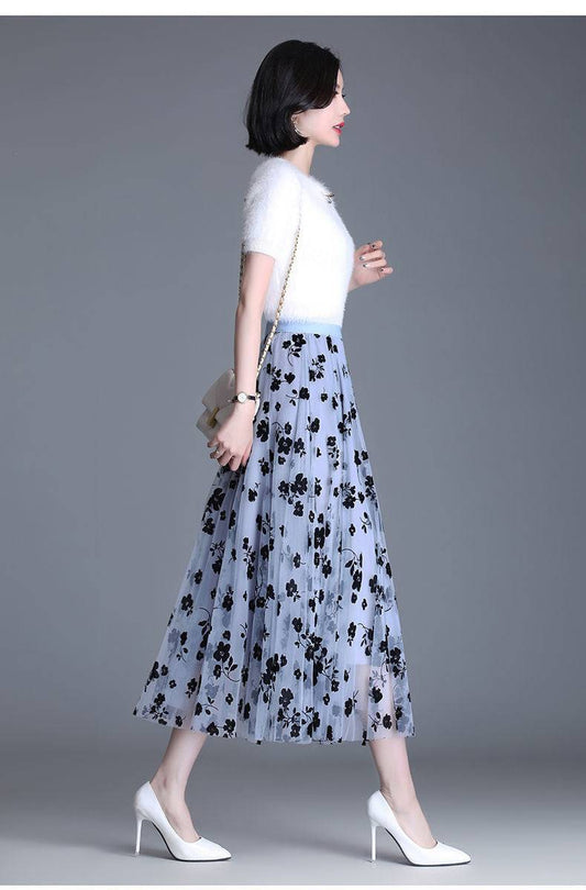 Women's mesh floral print tulle skirt.