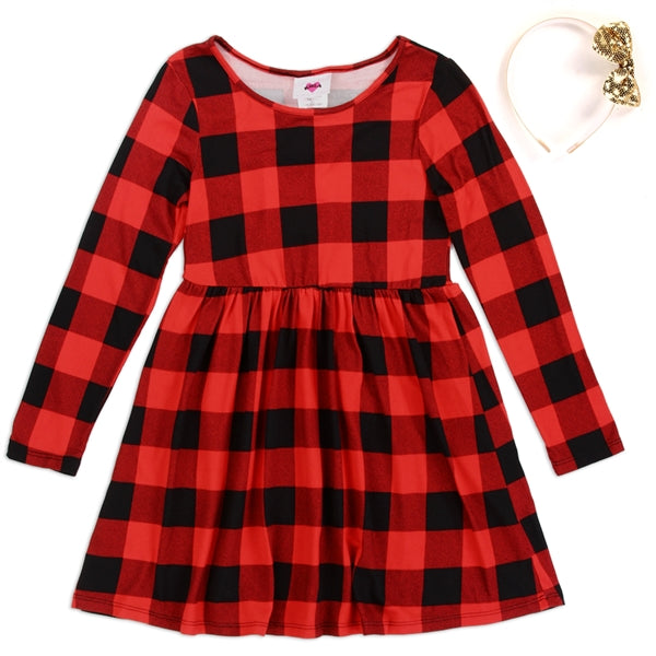 Girls plaid dress with headband in pink or red