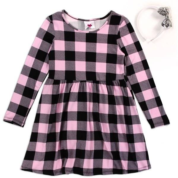 Girls plaid dress with headband in pink or red - AZRIA