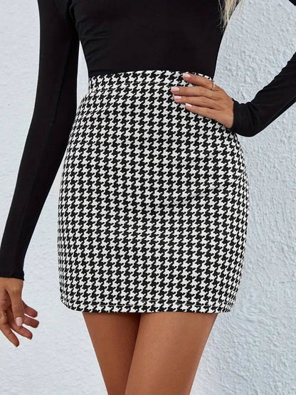 Houndstooth Print High Waist Skirt, Vintage Mini Skirt - AZRIA