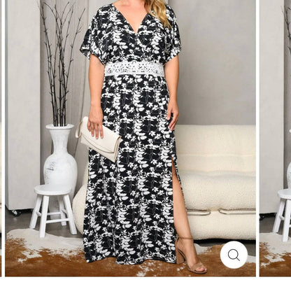 PLUS SIZE SHORT SLEEVE V - NECK FLORAL MAXI DRESS - AZRIA