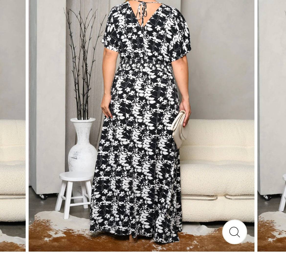 PLUS SIZE SHORT SLEEVE V - NECK FLORAL MAXI DRESS - AZRIA