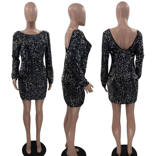 Women's Sequin Fashion Dress Long Sleeves Backless Body-con mini Dress