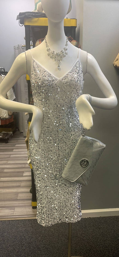 a mannequin dressed in a silver dress with a purse