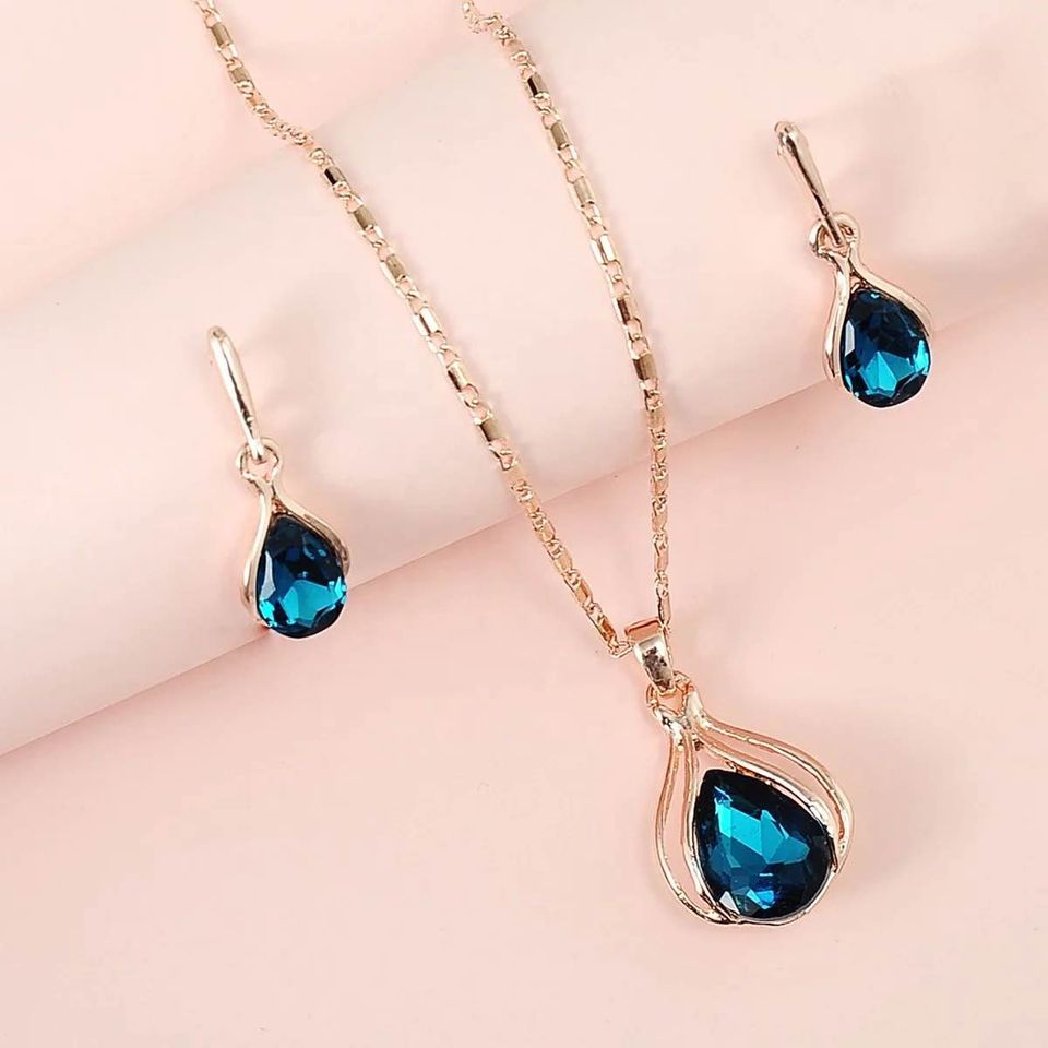 New jewelry set - teal blue Crystal necklace and earrings set for women/girls/juniors