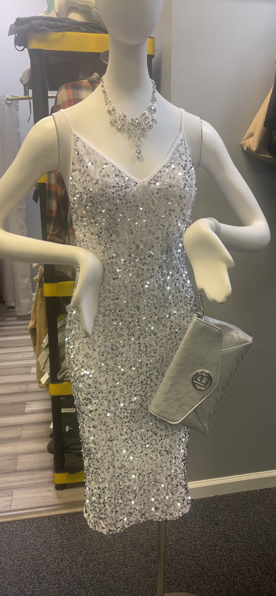 a mannequin wearing a silver dress and necklace