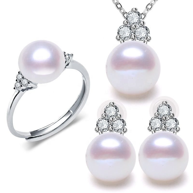 925 Sterling Silver Earrings Necklace and adjustable Ring size 7-9 freshwater Pearl set
